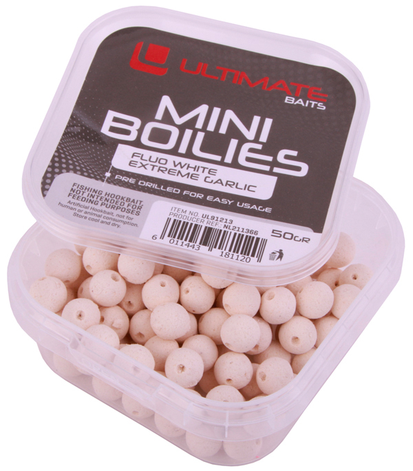 Ultimate Coarse Box, pełny akcesoriów dla wędkarzy spławikowo-gruntowych! - Nawiercone kulki Ultimate Baits, Fluo White Extreme Garlic
